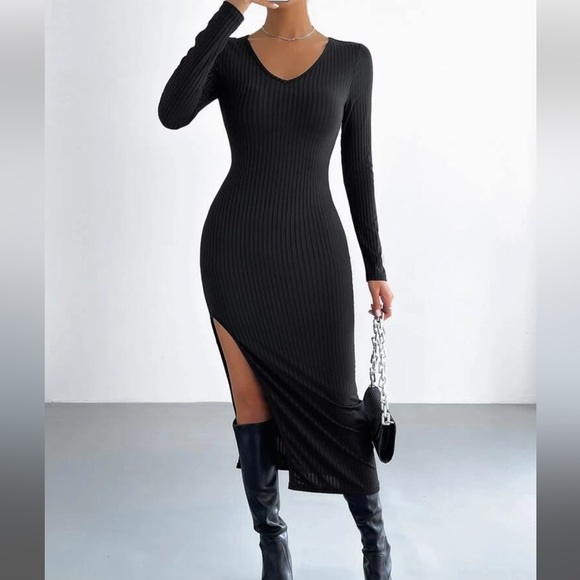 Dresses & Skirts - Black Dress Ribbed Split Thigh Dress Maxi Long Sleeve Sexy NEW